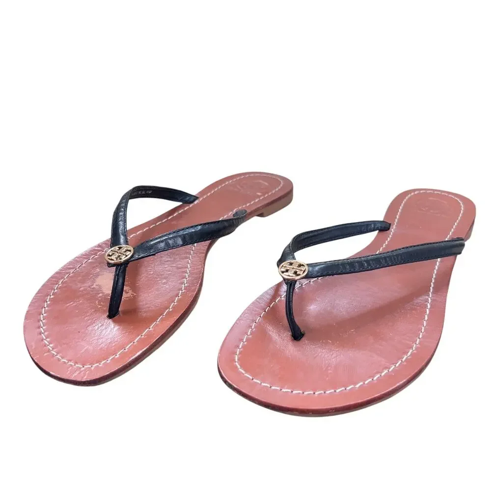Tory Burch Charm Black Leather Flip Flop Strap  Sandals 8.5